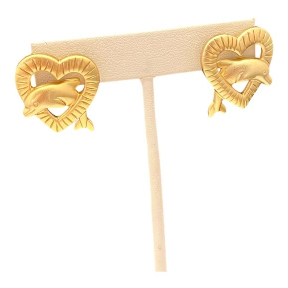 Vintage Earrings Hearts with Dolphins Inside Gold Tone  NEW 11D - Picture 4 of 5